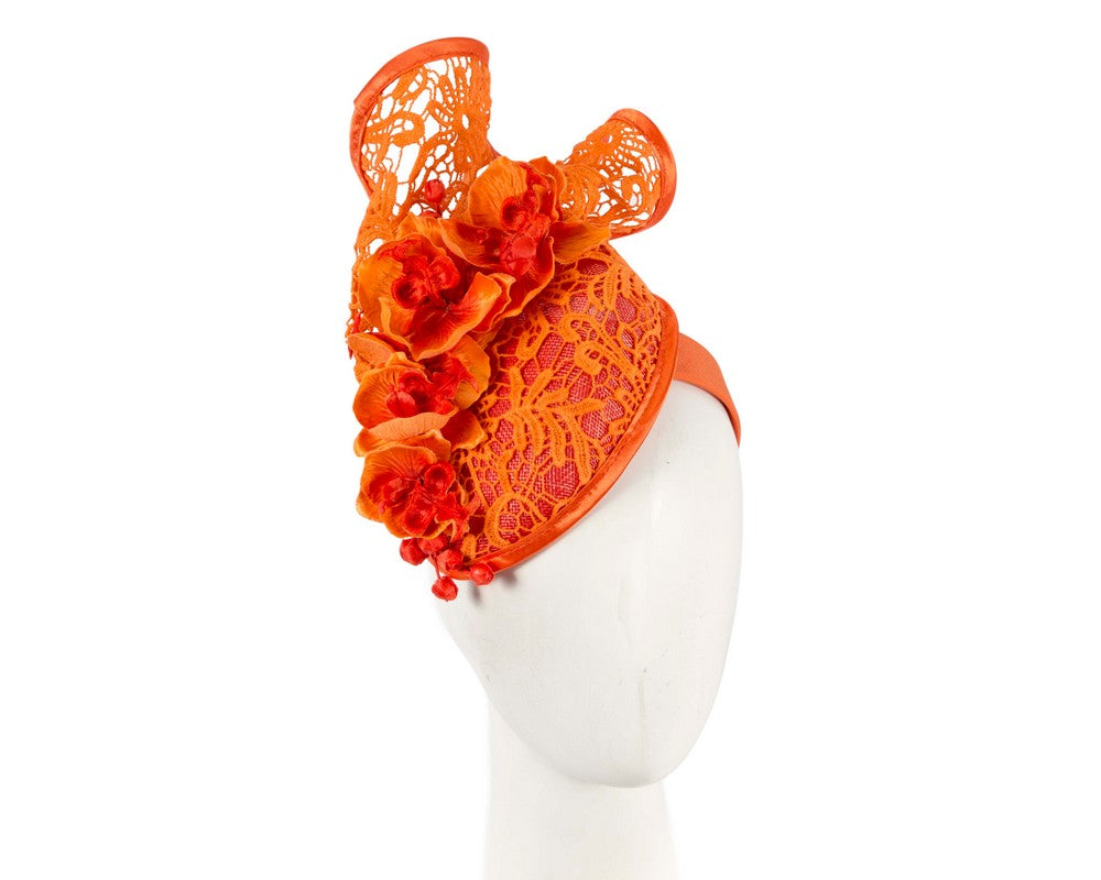 Orange lace covered pillbox fascinator