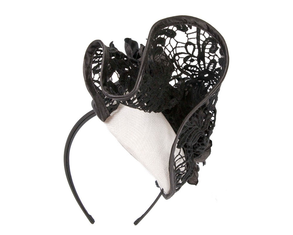 White & black lace covered pillbox fascinator