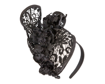 White & black lace covered pillbox fascinator