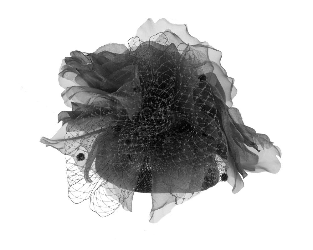 Black flower pillbox fascinator by Fillies Collection
