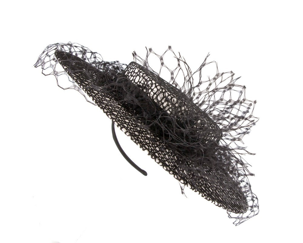 White & black boater hat with face veil by Fillies Collection-5