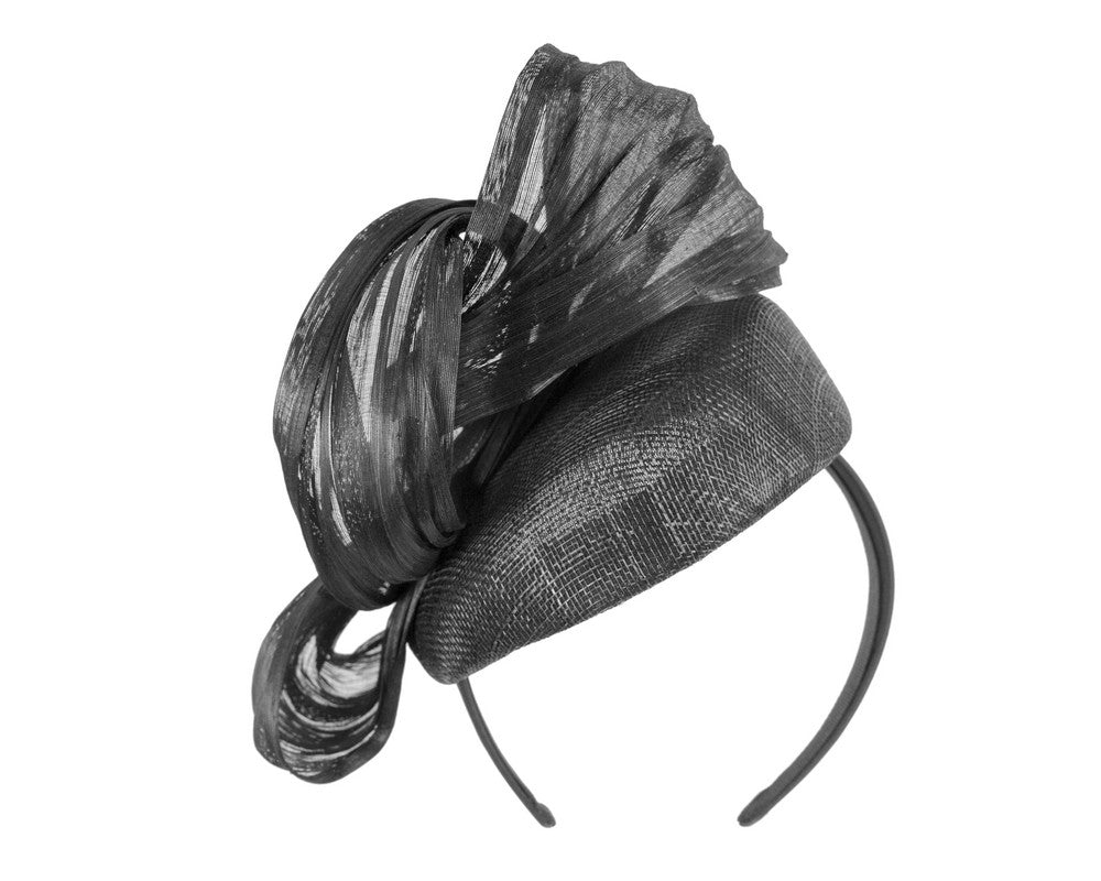 Black pillbox fascinator with silk abaca bow by Fillies Collection S307B-5