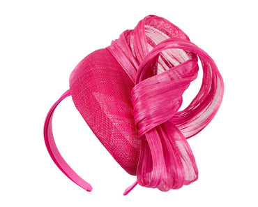 Fuchsia pillbox fascinator with silk abaca bow by Fillies Collection