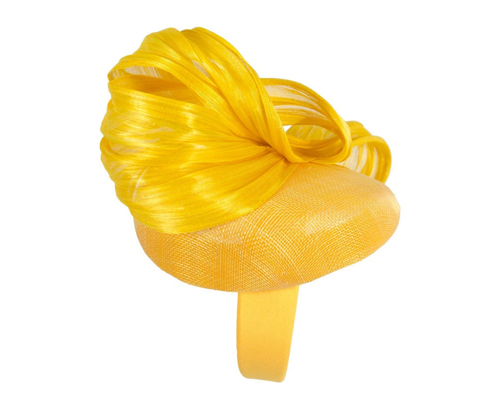 Yellow pillbox fascinator with silk abaca bow by Fillies Collection