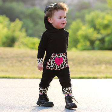 AnnLoren Girls Long Sleeve Leopard Heart Baby Toddler Romper Hoodie One Piece-1