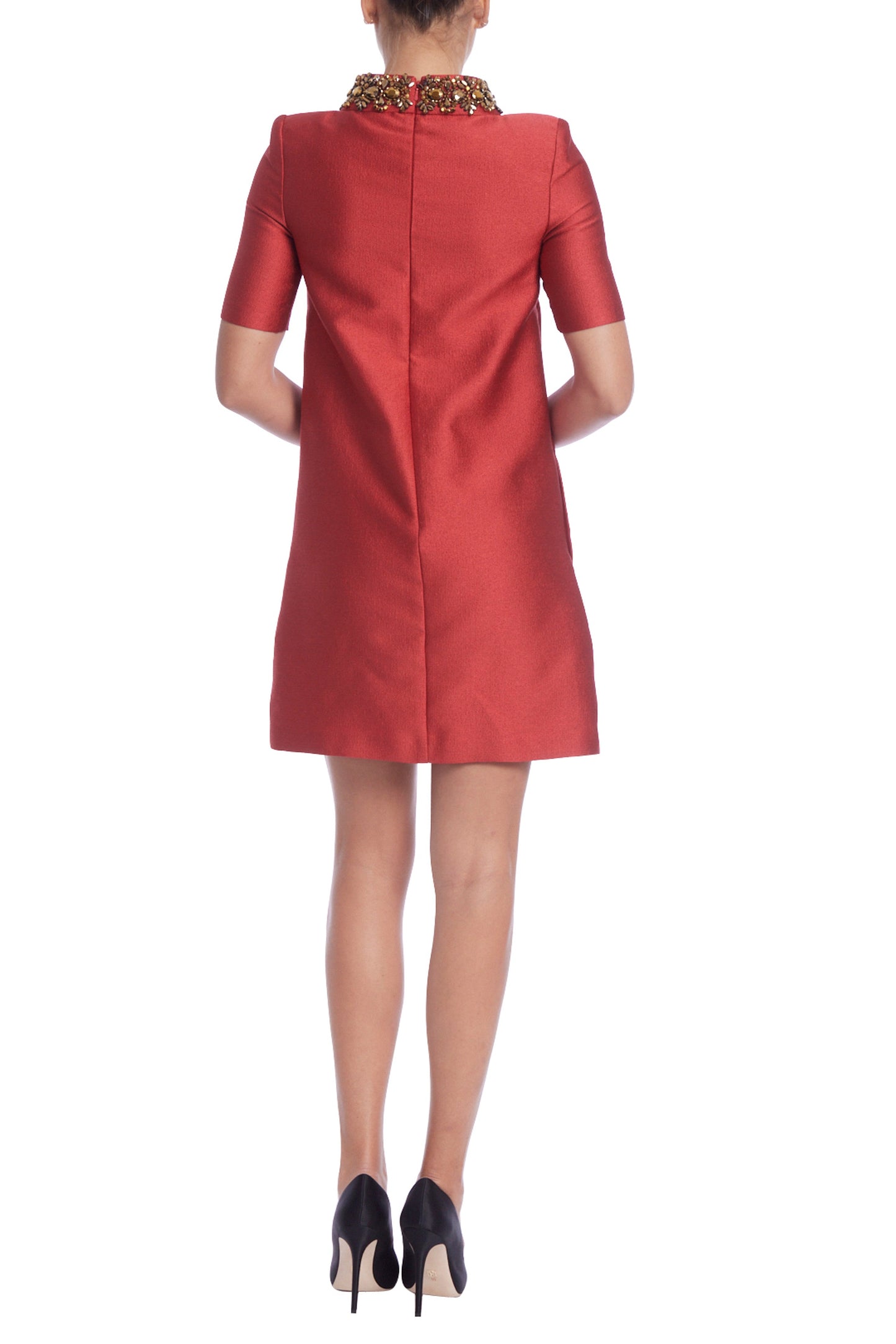 Badgley Mischka High Embellished Beaded Neckline Short Sleeves Above the Knee Shift Silhouette Dress-2