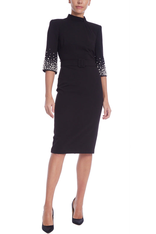 Badgley Mischka Mock Neck Quarter Sleeve Pearled Cuffs With Belt Crepe Silhouette Back Zipper Dress-0