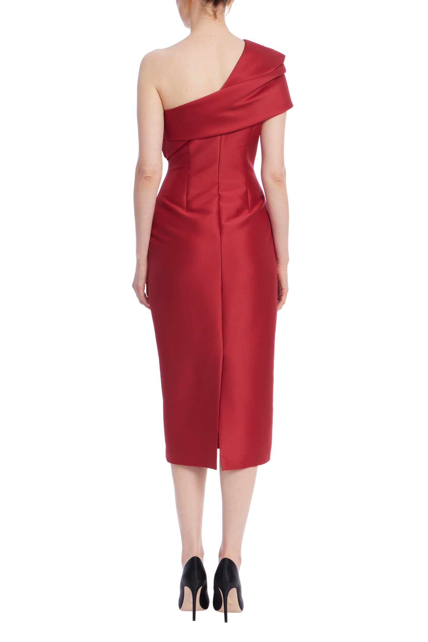 Badgley Mischka Asymmetrical Neckline Drapes Over Folded One Shoulder Fitted Midi Dress-2