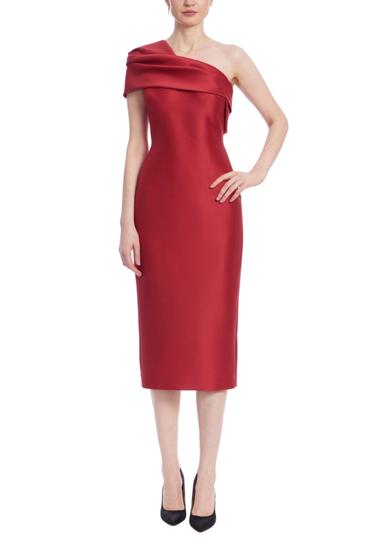 Badgley Mischka Asymmetrical Neckline Drapes Over Folded One Shoulder Fitted Midi Dress-0