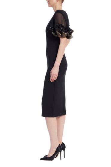 Badgley Mischka Foiled Georgette Short Sleeves Tailored Midi Sheath Silhouette Dress-1