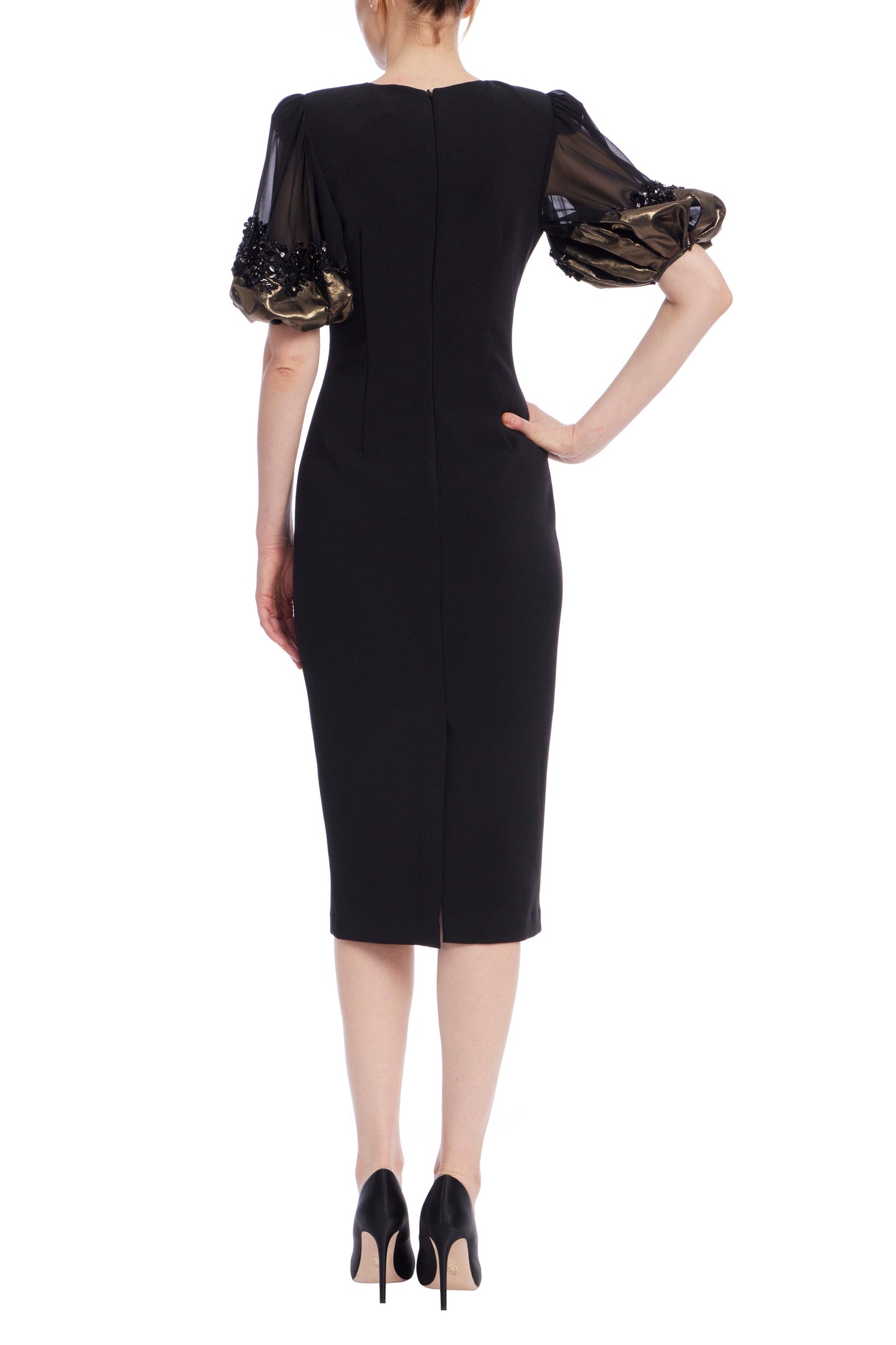 Badgley Mischka Foiled Georgette Short Sleeves Tailored Midi Sheath Silhouette Dress-2