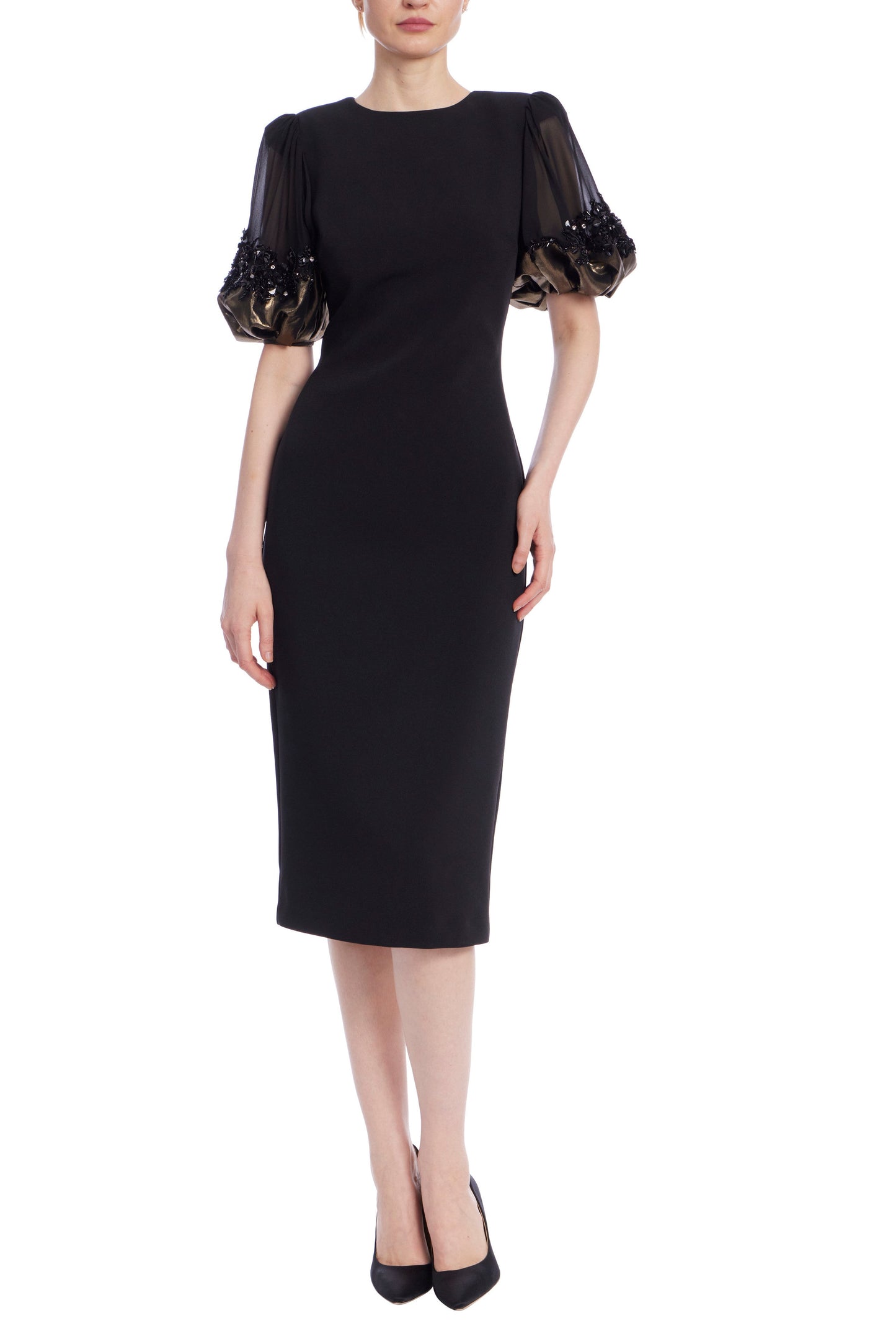 Badgley Mischka Foiled Georgette Short Sleeves Tailored Midi Sheath Silhouette Dress-0