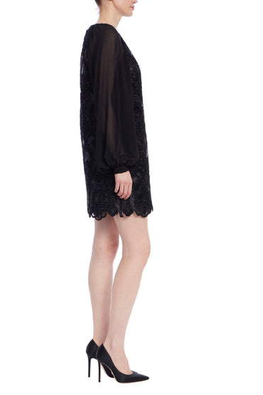 Badgley Mischka Sheer Georgette Sleeves Ribbon Detailing Mini Sheath Silhouette Dress-1