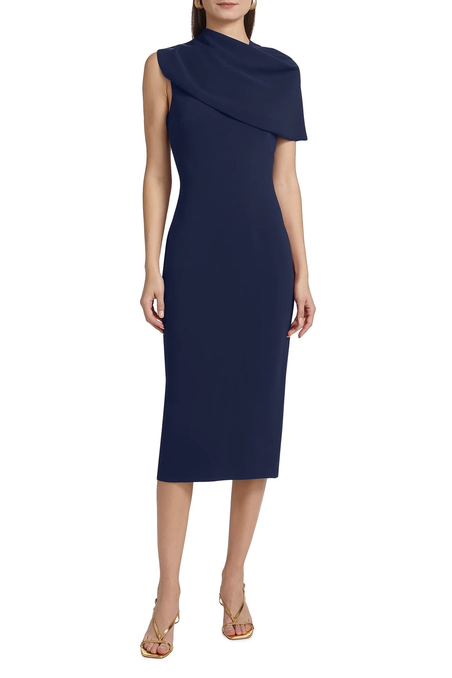 Badgley Mischka Asymmetric Neckline Cape Sleeve Back Zip Closure Midi Dress-3