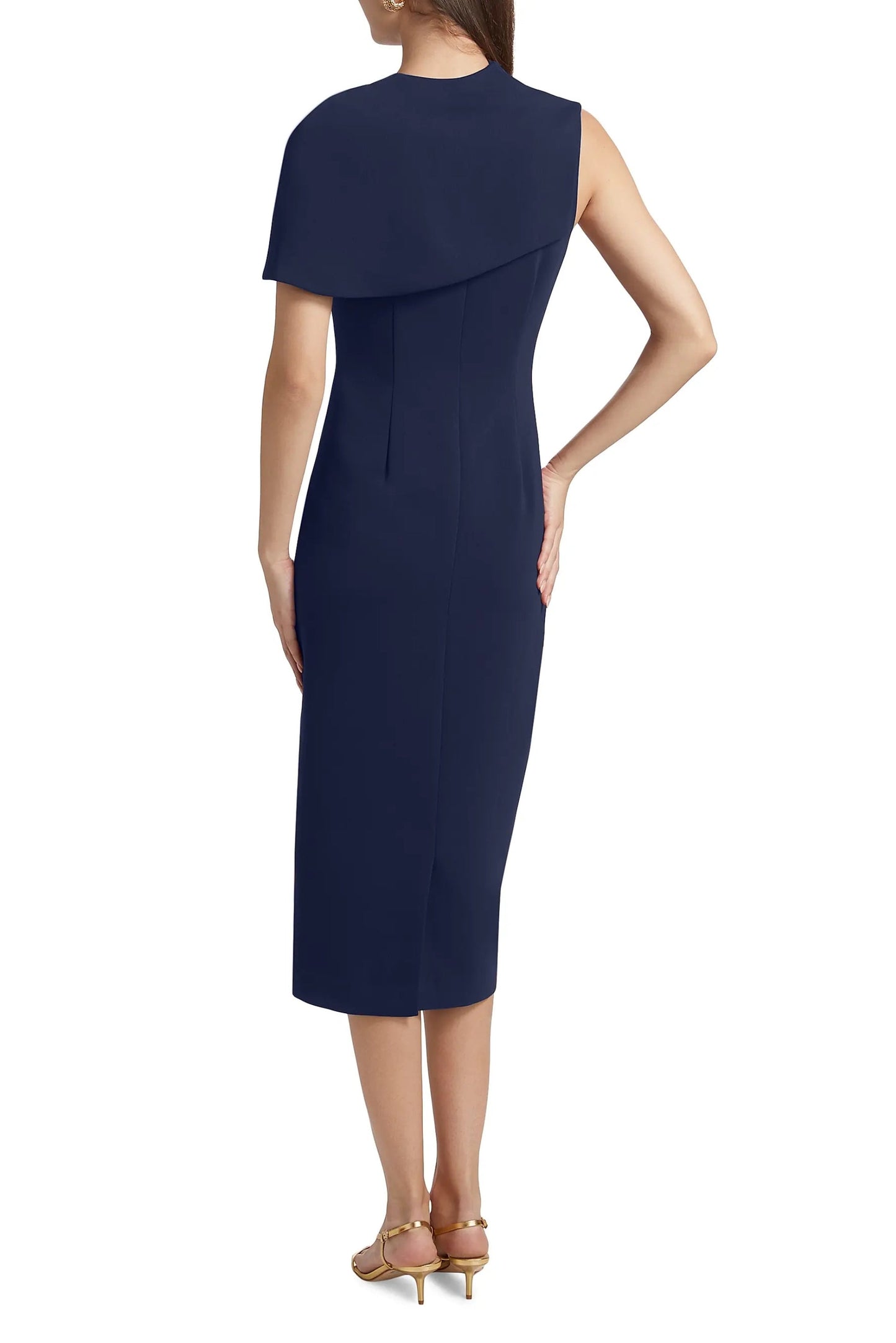 Badgley Mischka Asymmetric Neckline Cape Sleeve Back Zip Closure Midi Dress-2