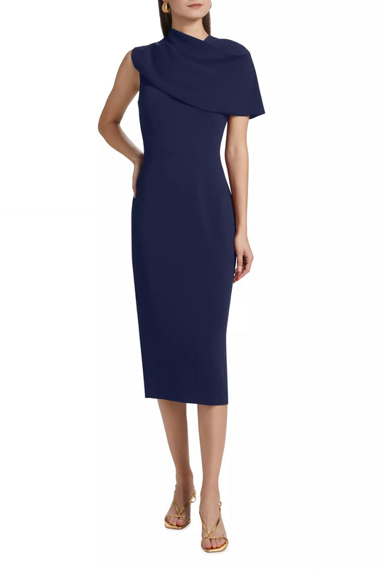 Badgley Mischka Asymmetric Neckline Cape Sleeve Back Zip Closure Midi Dress-0
