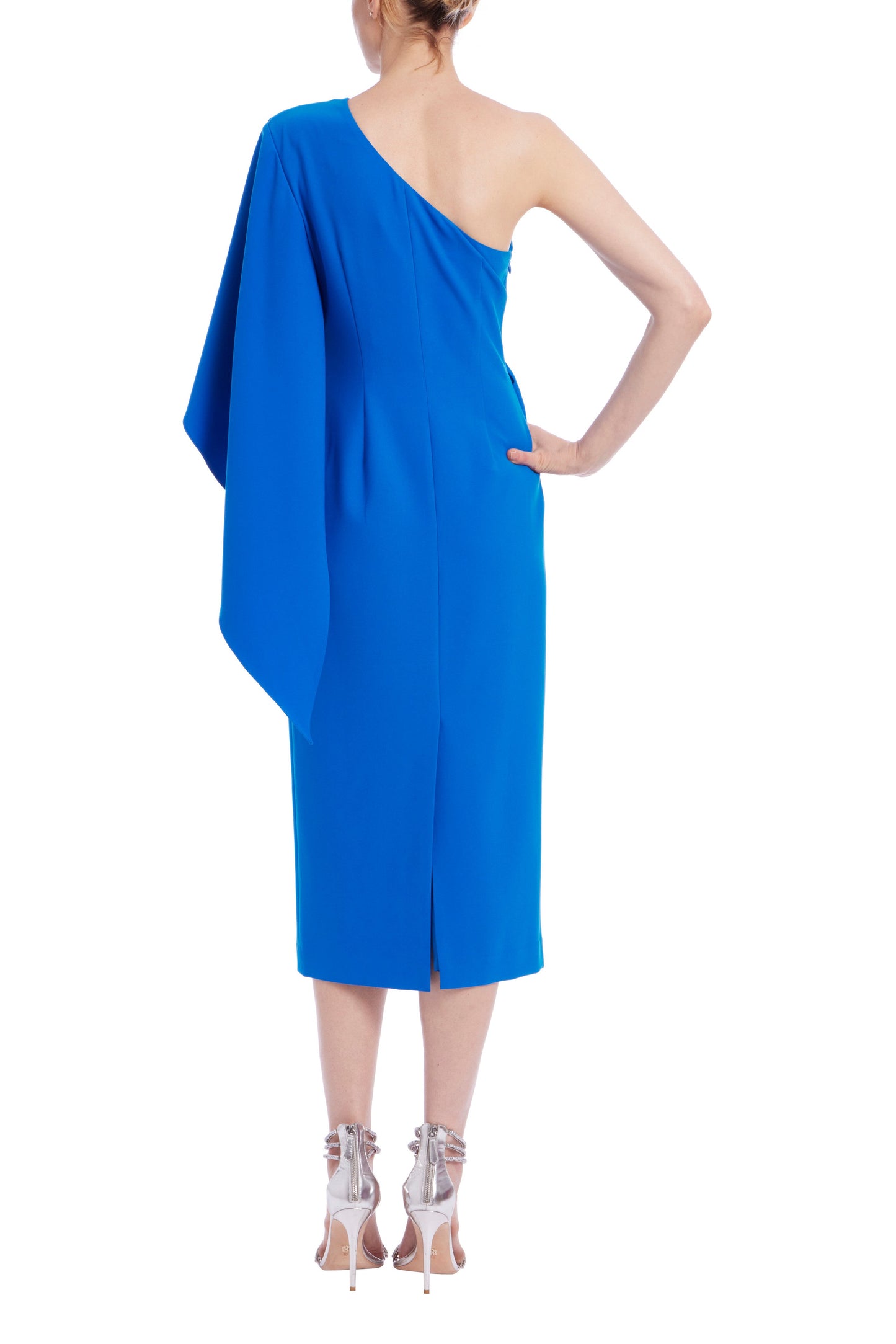 Badgley Mischka Asymmetrical Pleats One-Shoulder Quarter Length Sleeves Draped Sheath Midi Dress-2
