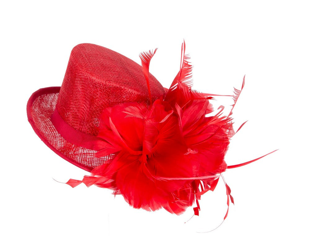 Red sinamay and feathers fascinator
