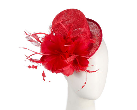 Red sinamay and feathers fascinator