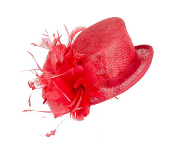 Red sinamay and feathers fascinator
