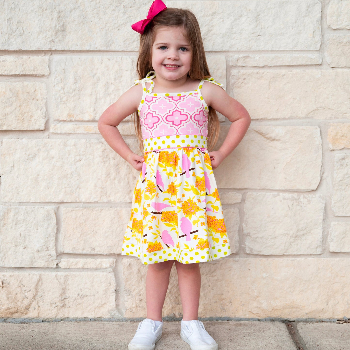 Girls Easter Dress Spring Birds and Pink Arabesque Cotton Knit Spaghetti Straps-4