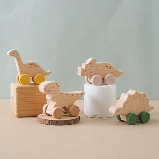 1 pc Beech Wood Montessori Toy Dinosaur with wheels multivariant-0