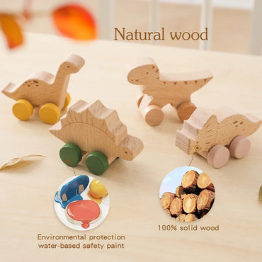 1 pc Beech Wood Montessori Toy Dinosaur with wheels multivariant-1