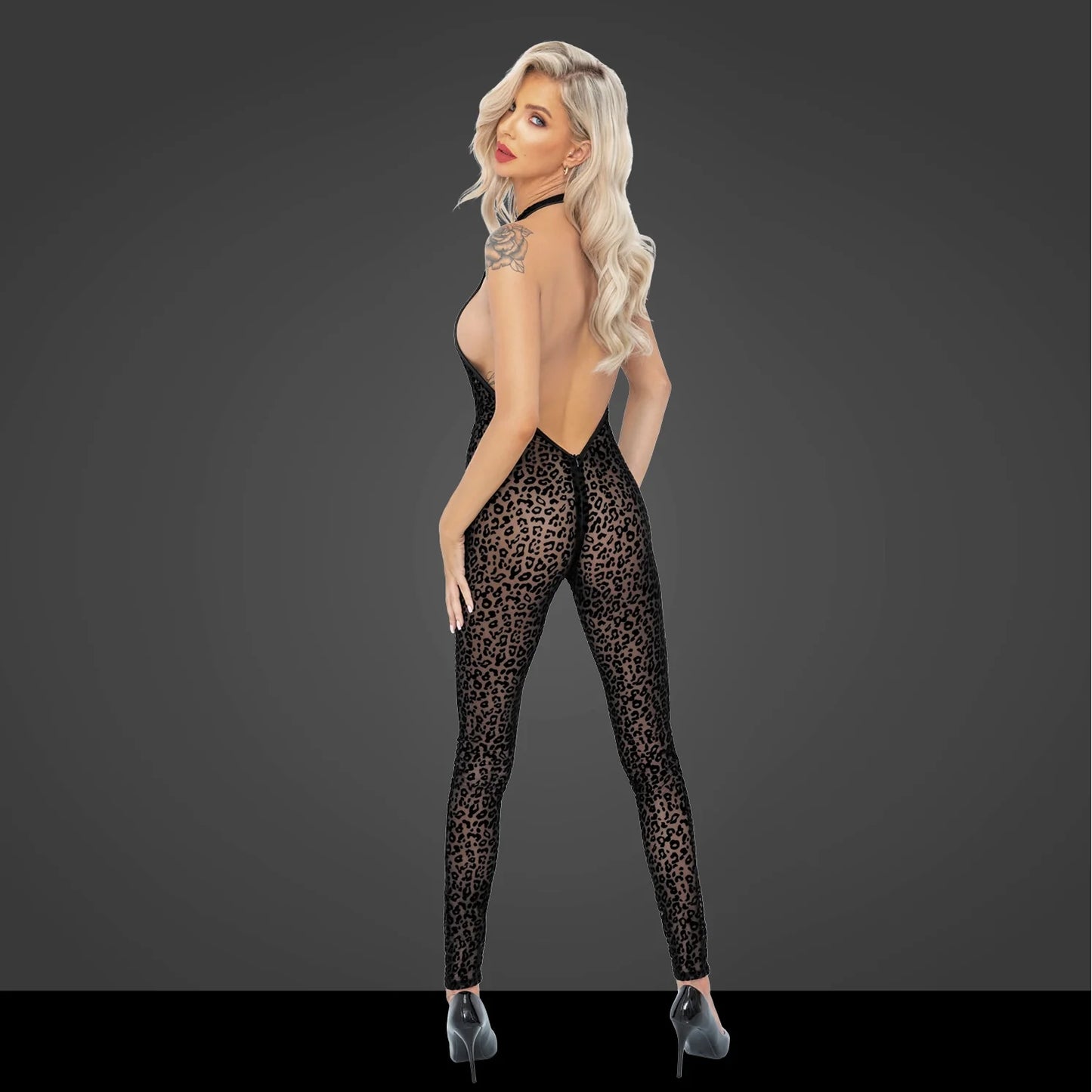 See Through Leopard Flock Halter Catsuit Noir Handmade-1