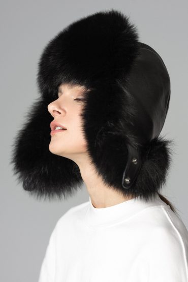 Black Genuine Arctic Fox Fur Sheepskin Hat