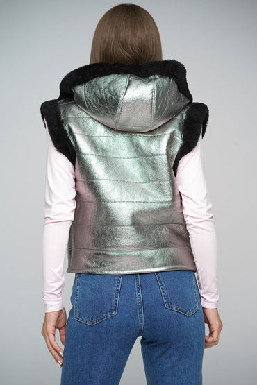 Metallic Silver Merino Shearling Hooded Vest