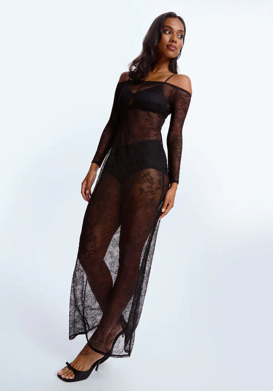 Sheer Lace Off-Shoulded Maxi Dress Blush Cascade Black-0