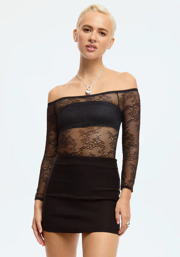 Sheer Lace Off-the-Shoulder Bodysuit Blush Cascade Black-1