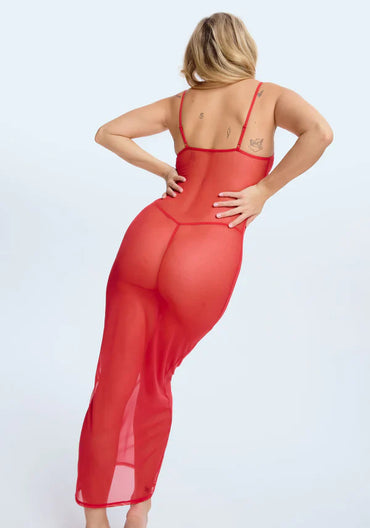 Sheer Mesh Stretch Maxi Dress Blush The Mesh Red-1