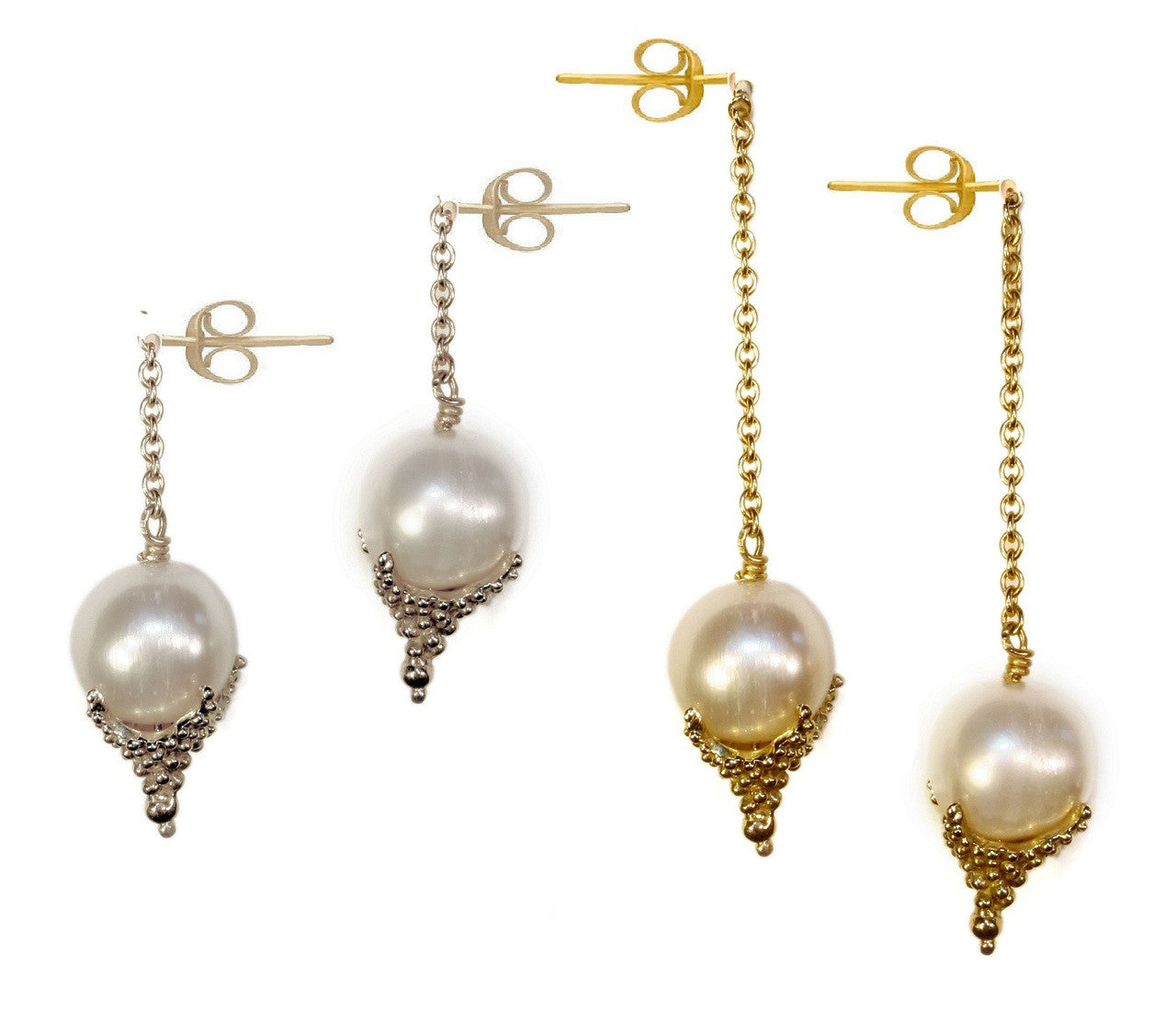 Pearl Drop Earrings-Small Dots in sterling silver or gold plate.