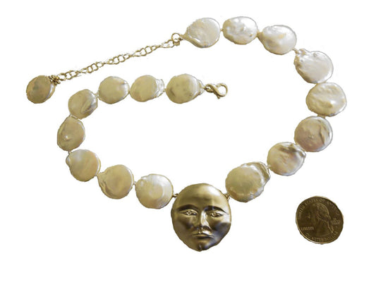 Sterling Silver Face, Diamond Eyes, Huge coin pearl necklace. Someone to Watch Over Me-Sun/ Moon Collection