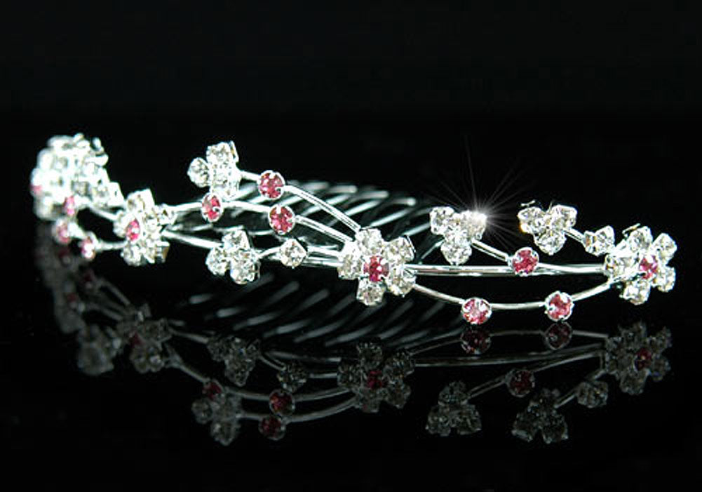 Bridal Bride / Flower Girl Pink Crystal Tiara Comb XT1279