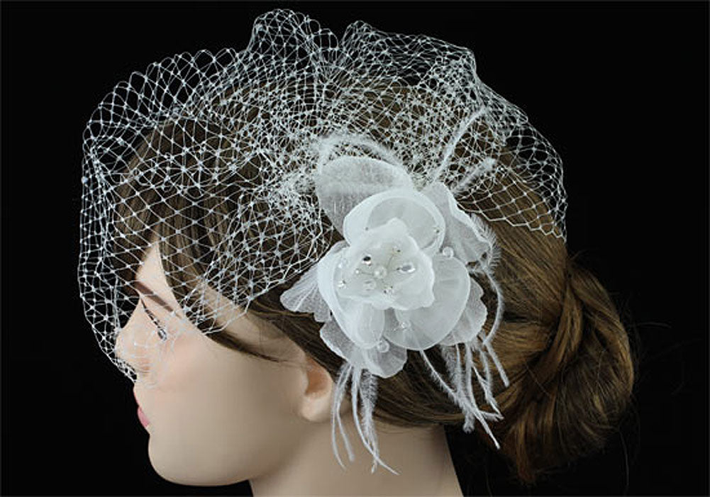 Bridal Wedding Off White Birdcage Netting Veil with Feathers Fascinator Flower XT1566-0