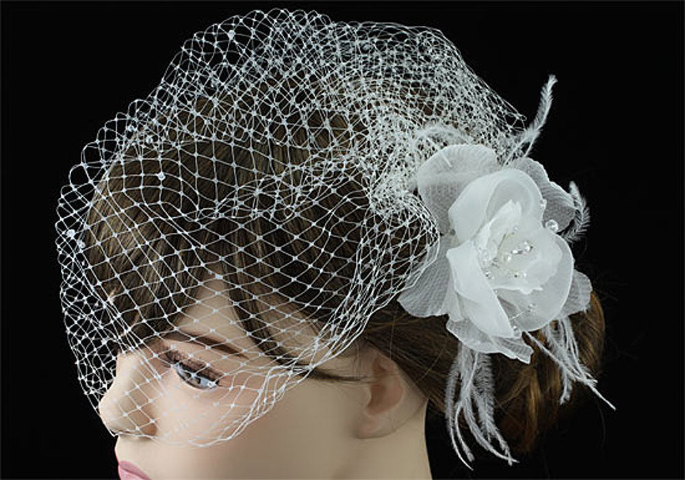 Bridal Wedding Off White Birdcage Netting Veil with Feathers Fascinator Flower XT1566-1