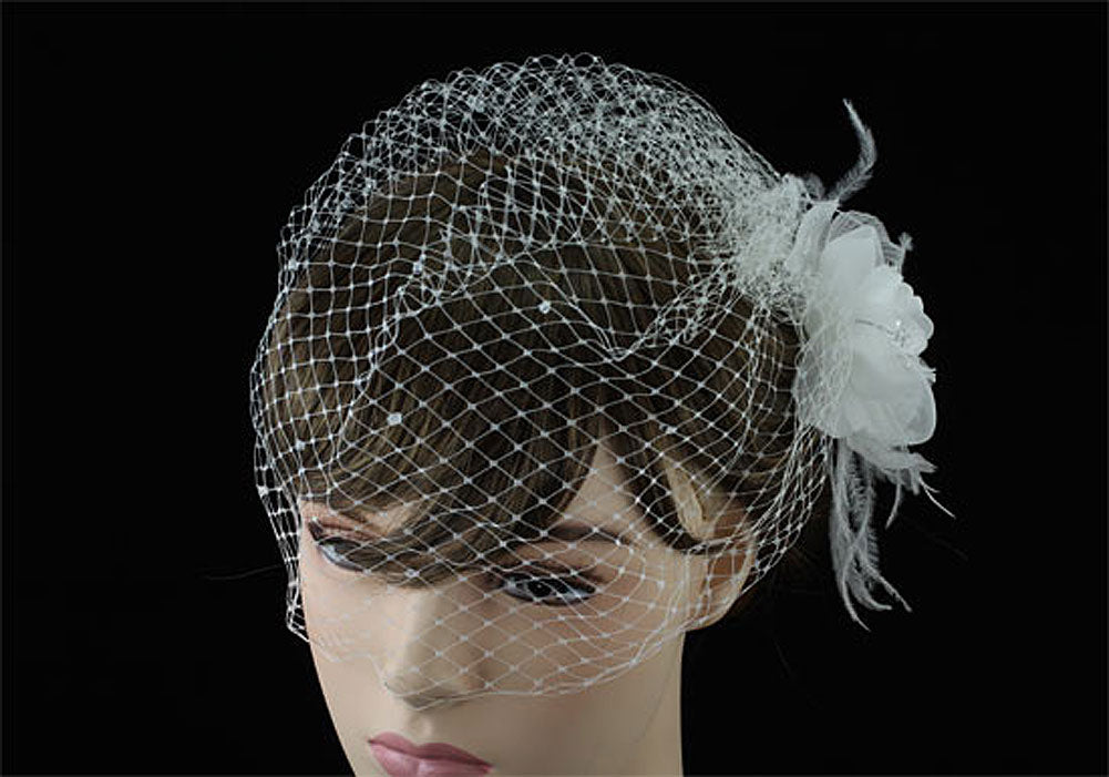 Bridal Wedding Off White Birdcage Netting Veil with Feathers Fascinator Flower XT1566-2