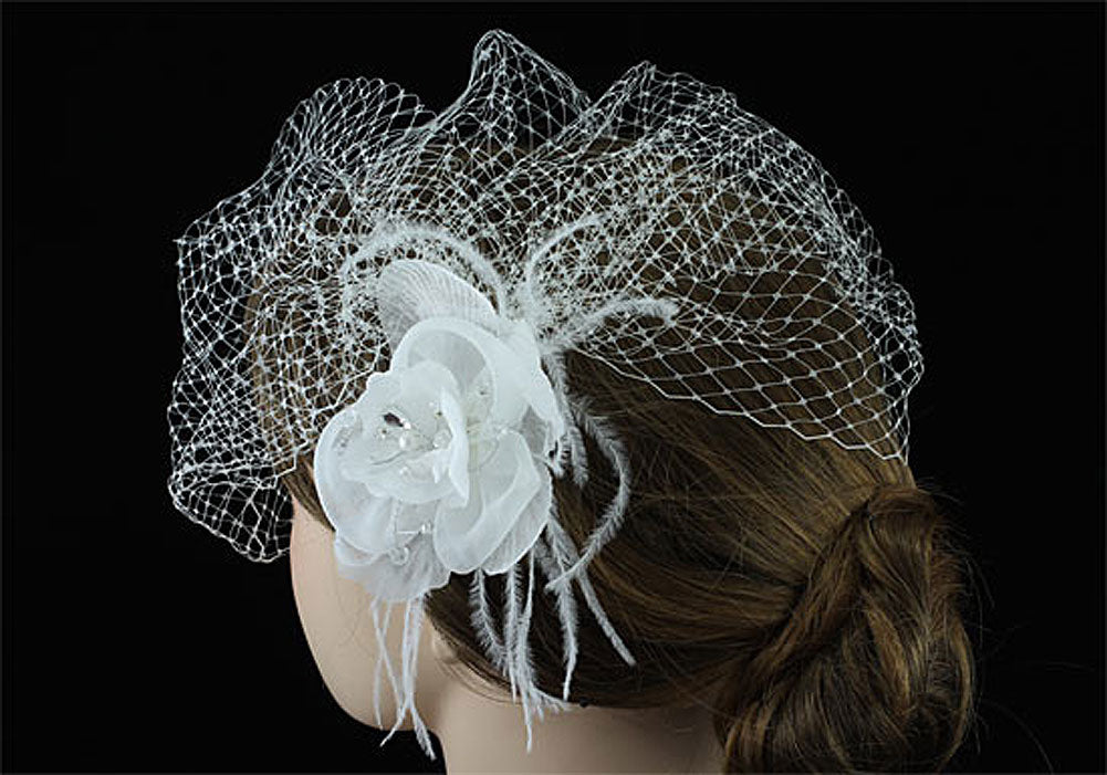 Bridal Wedding Off White Birdcage Netting Veil with Feathers Fascinator Flower XT1566-3