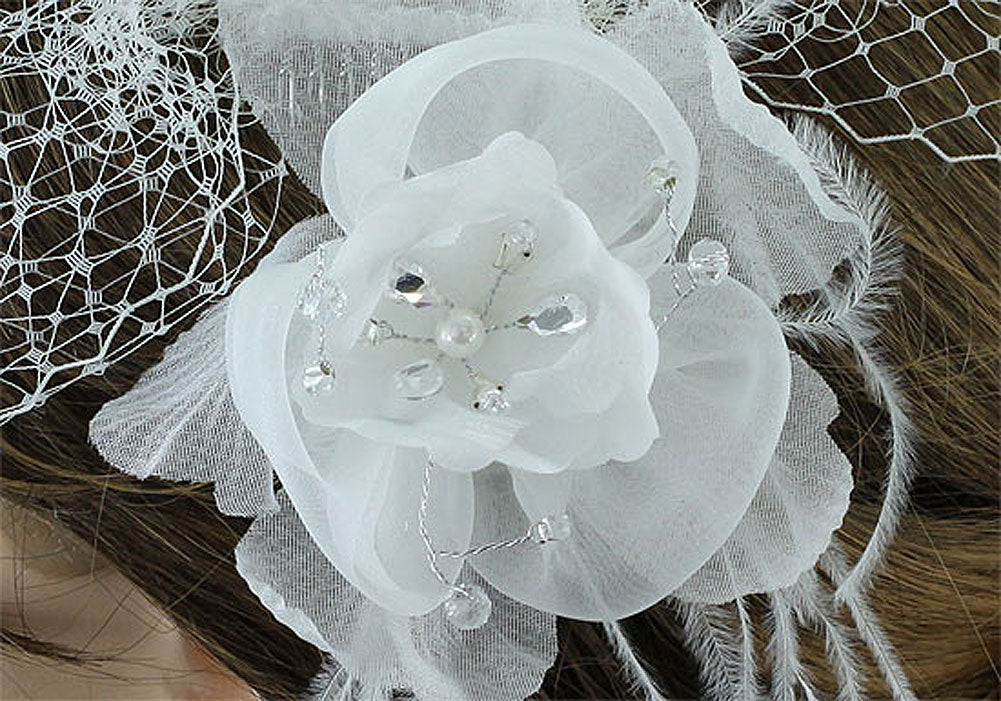 Bridal Wedding Off White Birdcage Netting Veil with Feathers Fascinator Flower XT1566-4