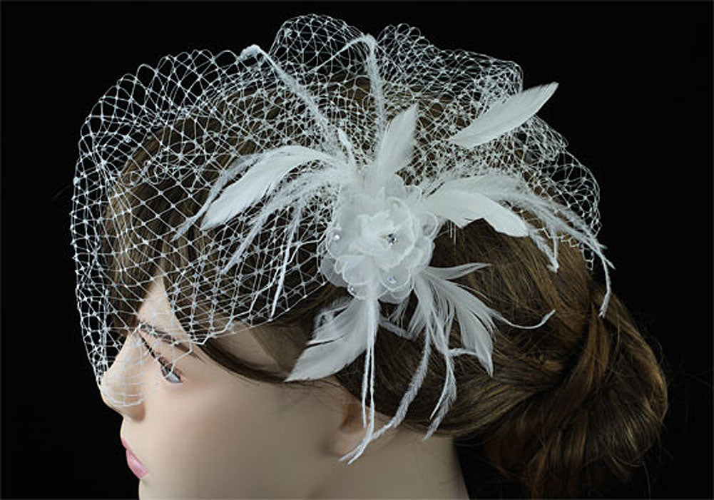 Bridal Wedding Birdcage Netting Veil with Feathers Fascinator Flower XT1574-0