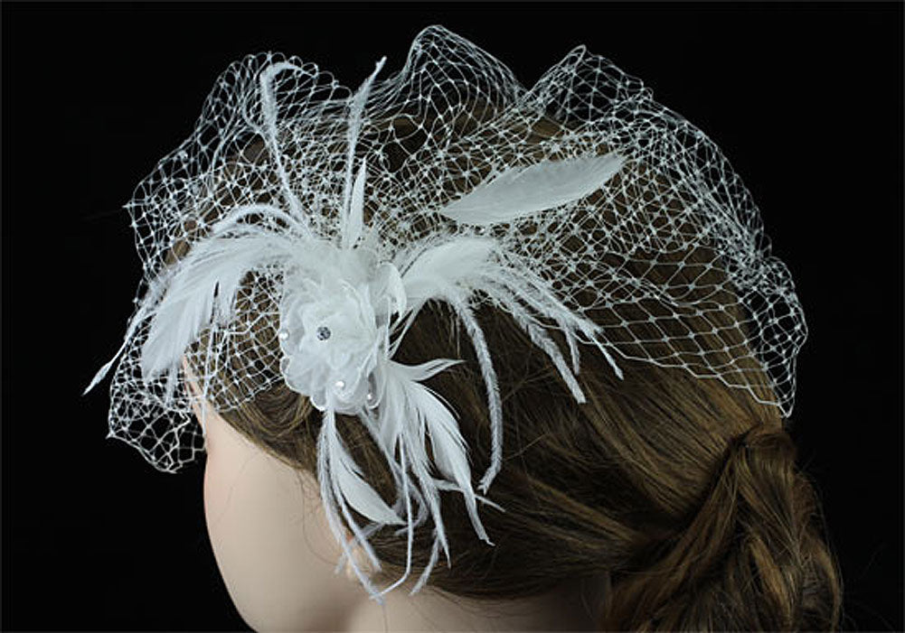 Bridal Wedding Birdcage Netting Veil with Feathers Fascinator Flower XT1574-1