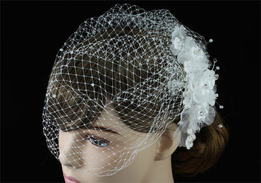 Bridal Wedding Birdcage Netting Veil with Feathers Fascinator Flower XT1576-1