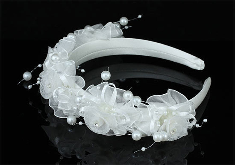Bridal Flower Girl Light Ivory Fabric Headband Tiara XT1644-1
