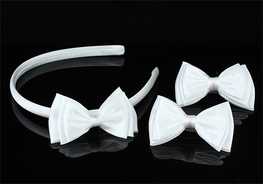 Bridal Flower Girl White Fabric Bow Headband Tiara and 2 X Hair Clips XT1651-0
