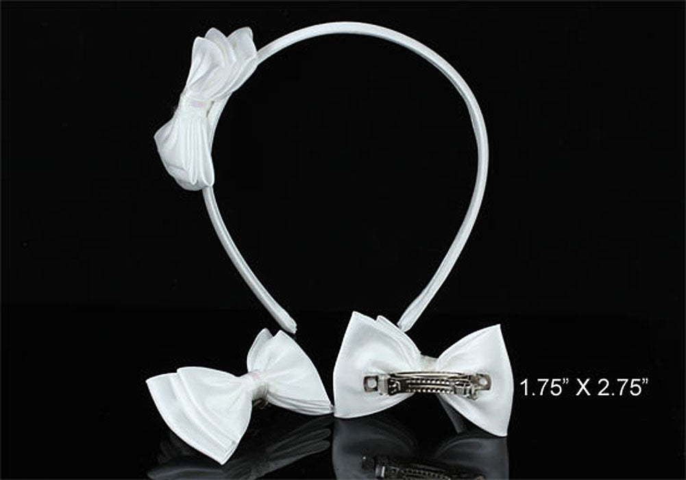 Bridal Flower Girl White Fabric Bow Headband Tiara and 2 X Hair Clips XT1651-1