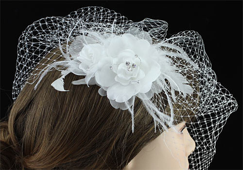 Bridal Birdcage Netting Veil Feathers Fascinator White Hair Flower XT1659-1