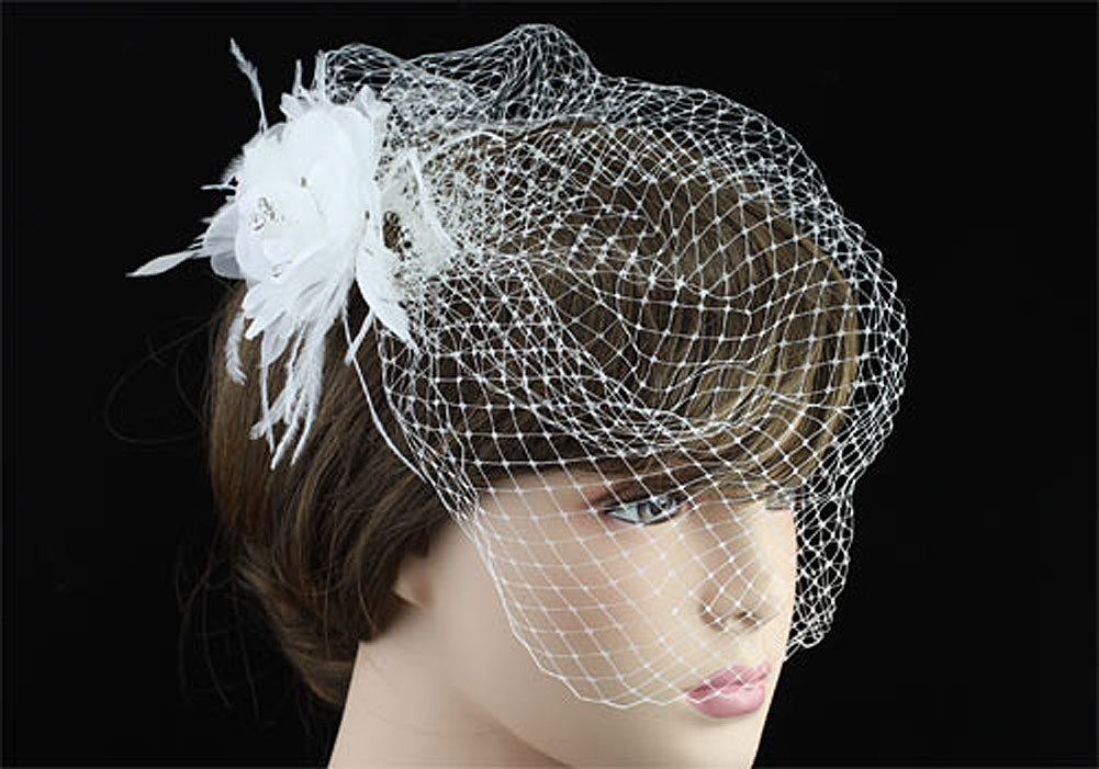 Bridal Birdcage Netting Veil Feathers Fascinator White Hair Flower XT1659-2