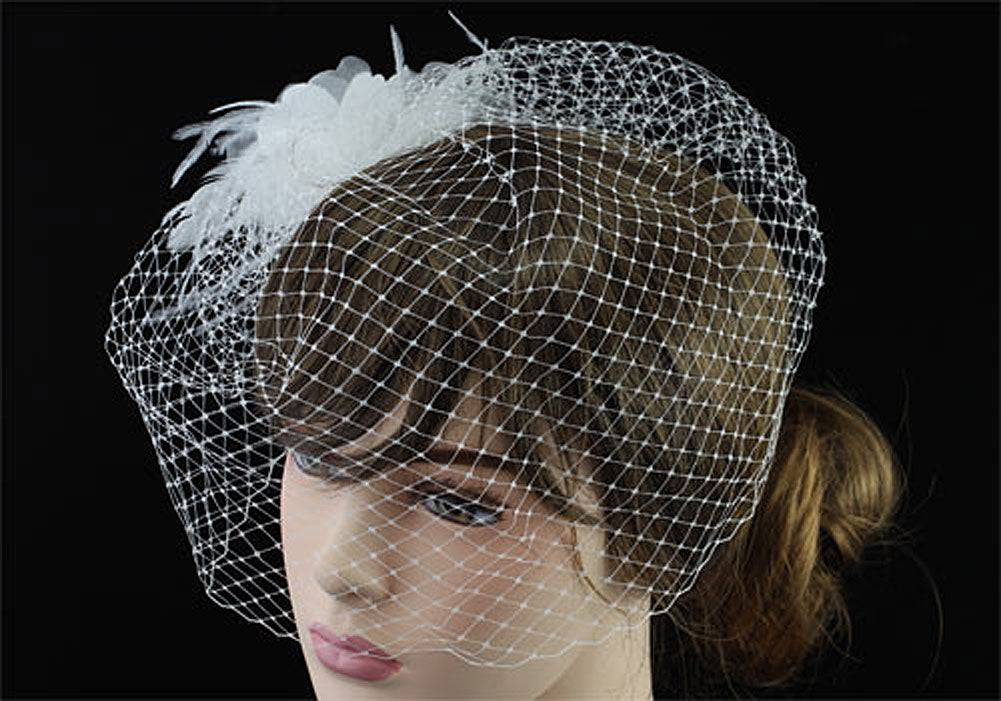 Bridal Birdcage Netting Veil Feathers Fascinator White Hair Flower XT1659-3